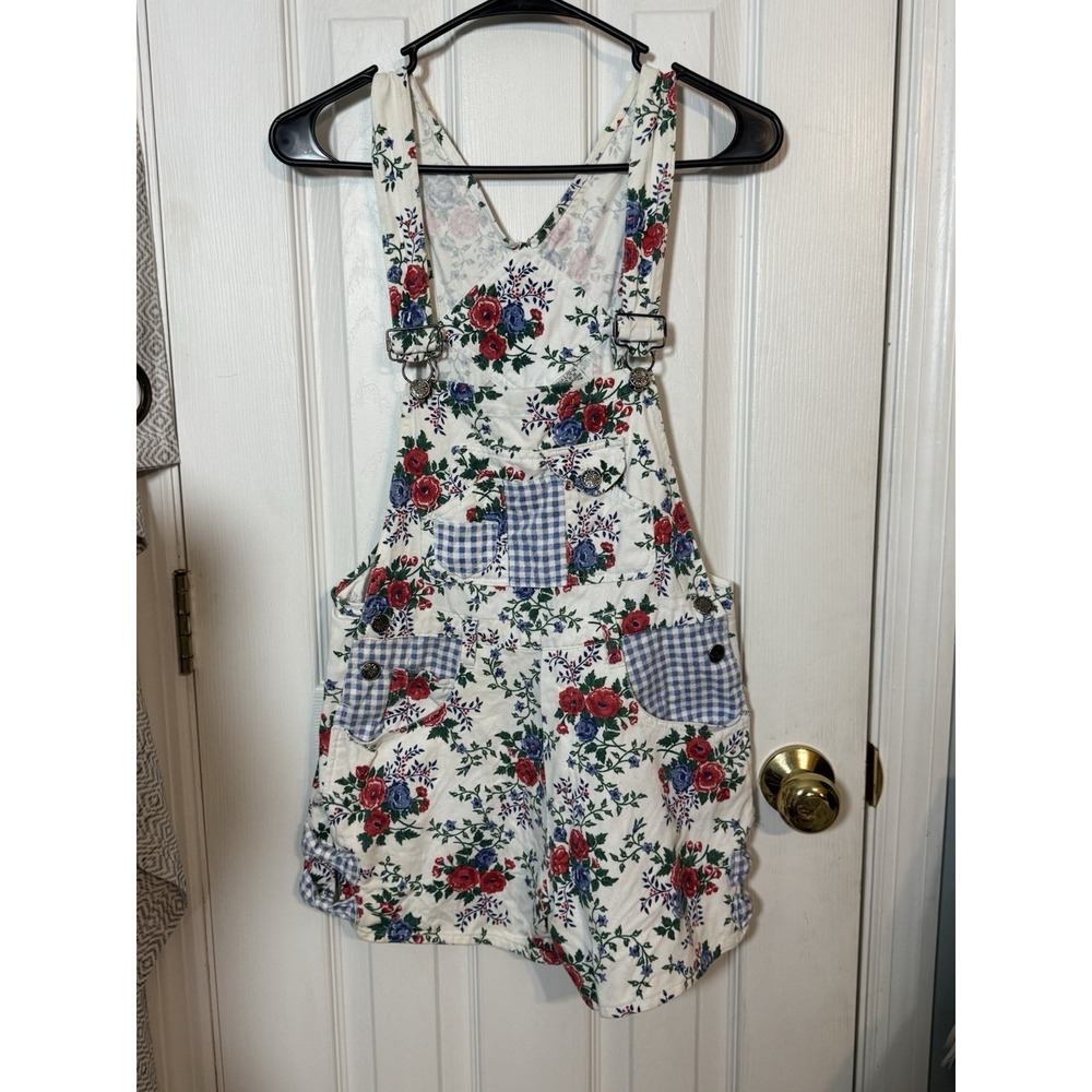 Beyond Blue Vintage Girls Floral Gingham Print Overall Shorts Bows 90's L 12-14